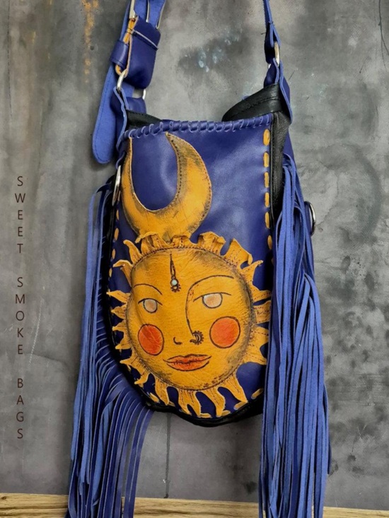 Sweet Smoke Handbags - Purple Leather Fringe Crossbody Bag with Sun & Moon Motif
